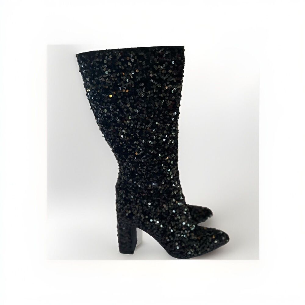 MADDEN NYC Size 11 Tall Black Glitter 3.75" Block Heel Pointed Toe Boots